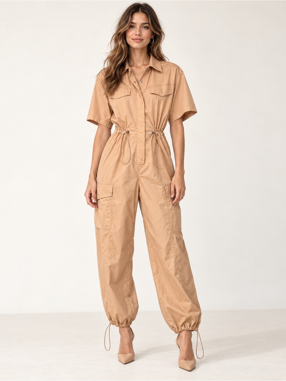 Zara NWT Gabardine Shirt Style Cargo Utility Jumpsuit Peach Tan XS